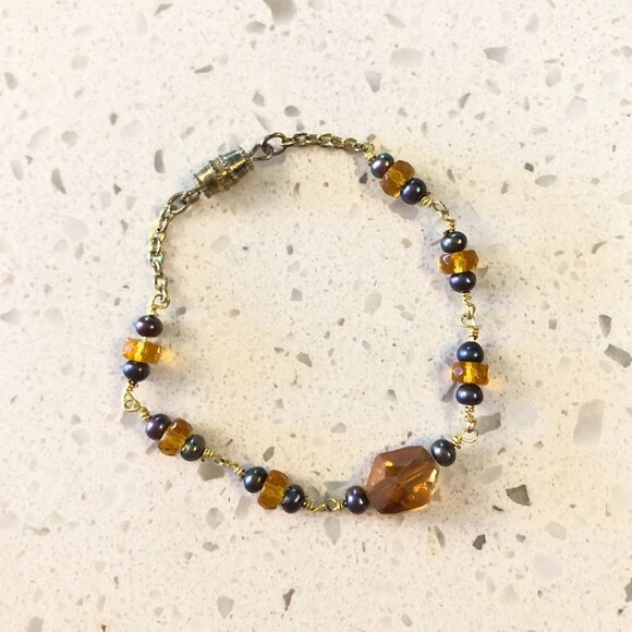 Handmade Beaded Bracelet – Crystal & Pearl Accents, Gold-Tone Chain - Picture 5 of 5